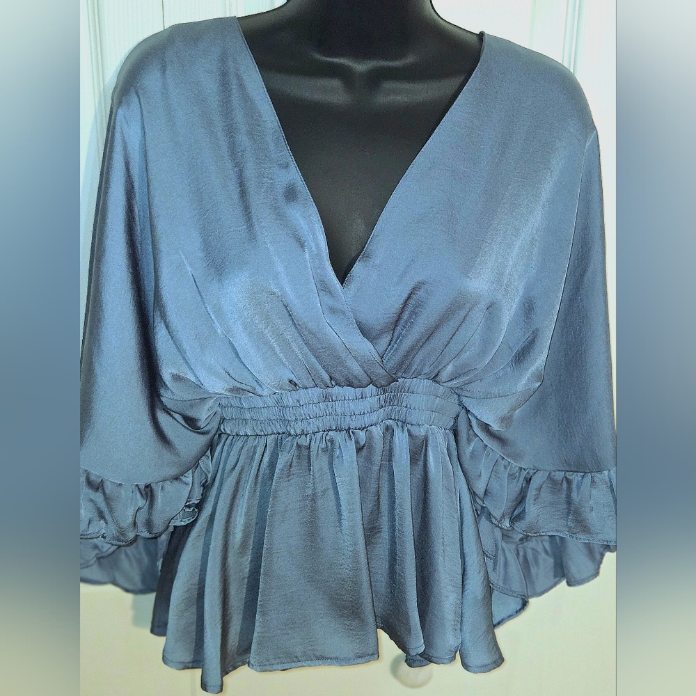 Blue Satin Blouse with Flutter Sleeves and A Ruffled Style Designed by Glam